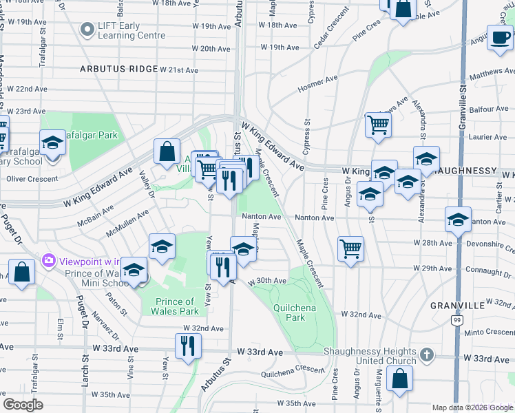 map of restaurants, bars, coffee shops, grocery stores, and more near 2001 Nanton Avenue in Vancouver