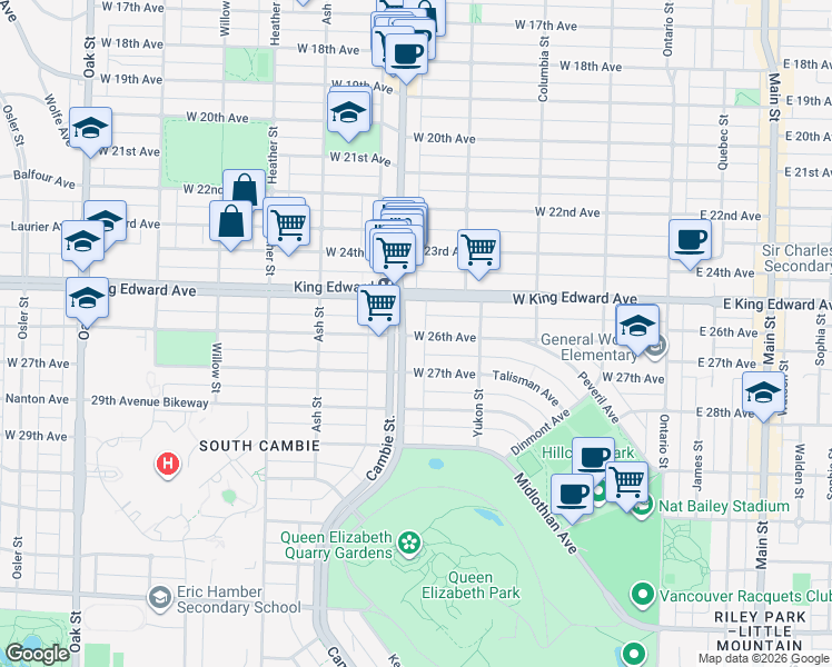 map of restaurants, bars, coffee shops, grocery stores, and more near 4228 Cambie Street in Vancouver