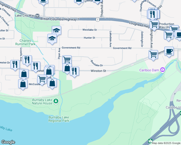 map of restaurants, bars, coffee shops, grocery stores, and more near 8128 Winston Street in Burnaby