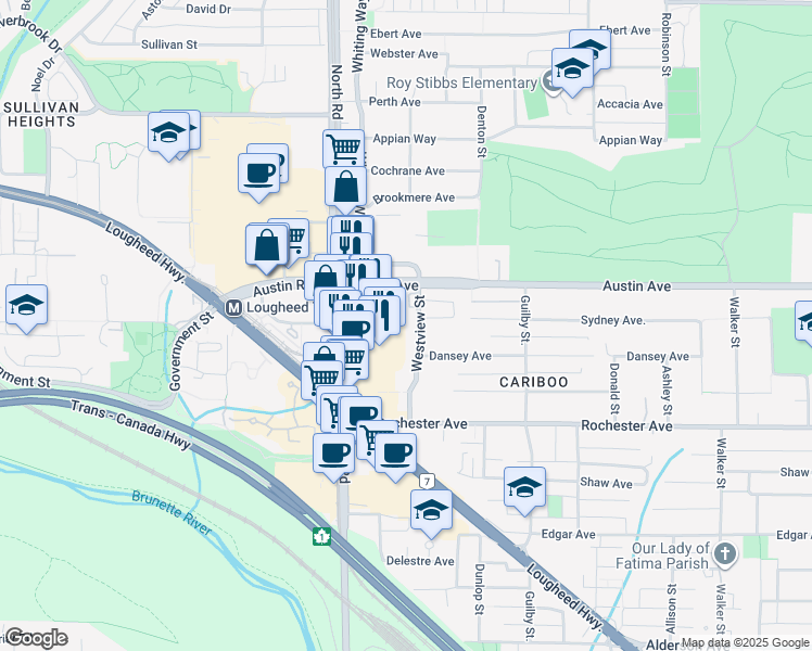 map of restaurants, bars, coffee shops, grocery stores, and more near 450 Westview Street in Coquitlam