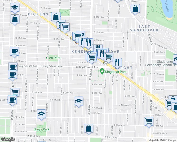 map of restaurants, bars, coffee shops, grocery stores, and more near 4151 Knight Street in Vancouver