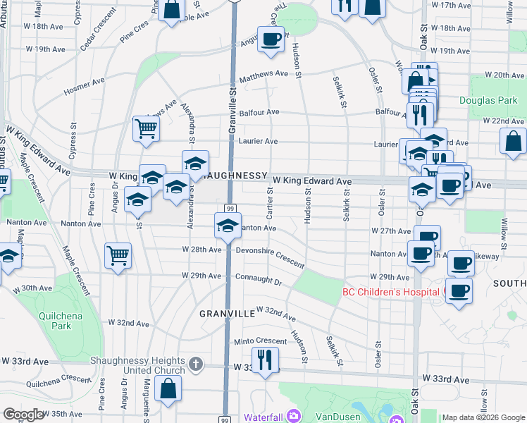 map of restaurants, bars, coffee shops, grocery stores, and more near 4225 Cartier Street in Vancouver