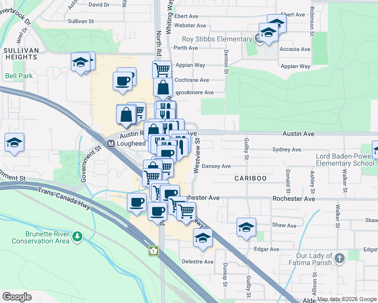 map of restaurants, bars, coffee shops, grocery stores, and more near 450 Westview Street in Coquitlam