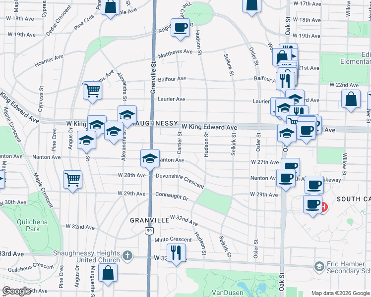 map of restaurants, bars, coffee shops, grocery stores, and more near 1376 West 26th Avenue in Vancouver
