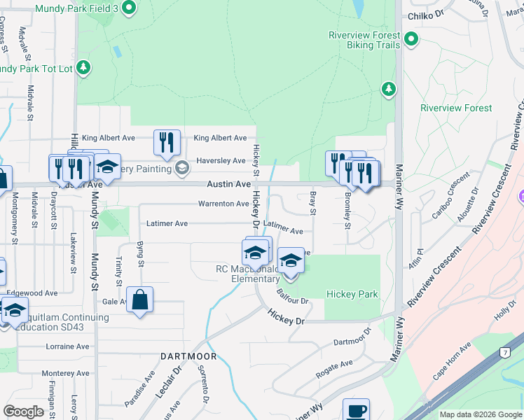 map of restaurants, bars, coffee shops, grocery stores, and more near 2509 Burian Drive in Coquitlam