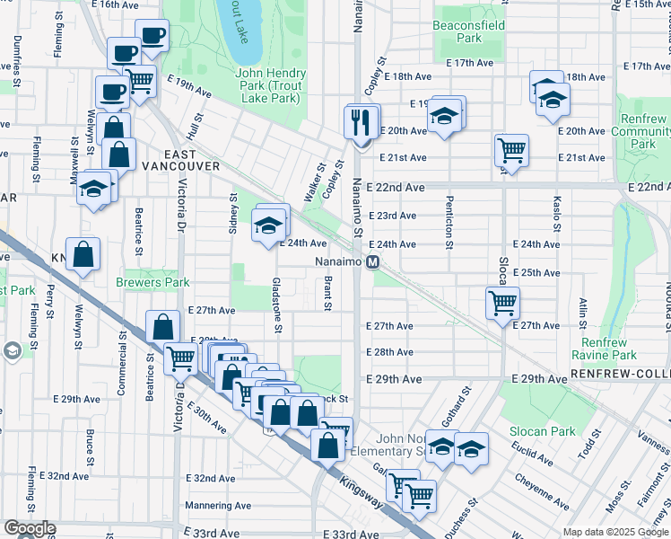 map of restaurants, bars, coffee shops, grocery stores, and more near 4150 Brant Street in Vancouver
