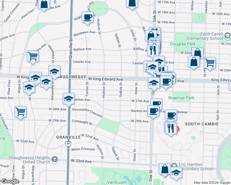 map of restaurants, bars, coffee shops, grocery stores, and more near 1226 West 26th Avenue in Vancouver