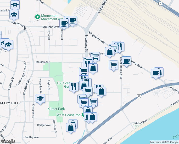 map of restaurants, bars, coffee shops, grocery stores, and more near 1740 Broadway Street in Port Coquitlam