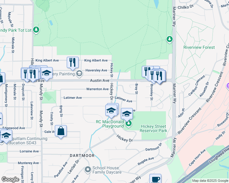 map of restaurants, bars, coffee shops, grocery stores, and more near 2509 Burian Drive in Coquitlam