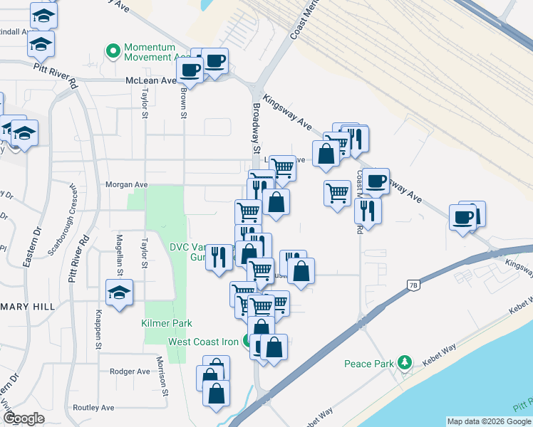 map of restaurants, bars, coffee shops, grocery stores, and more near 1740 Broadway Street in Port Coquitlam