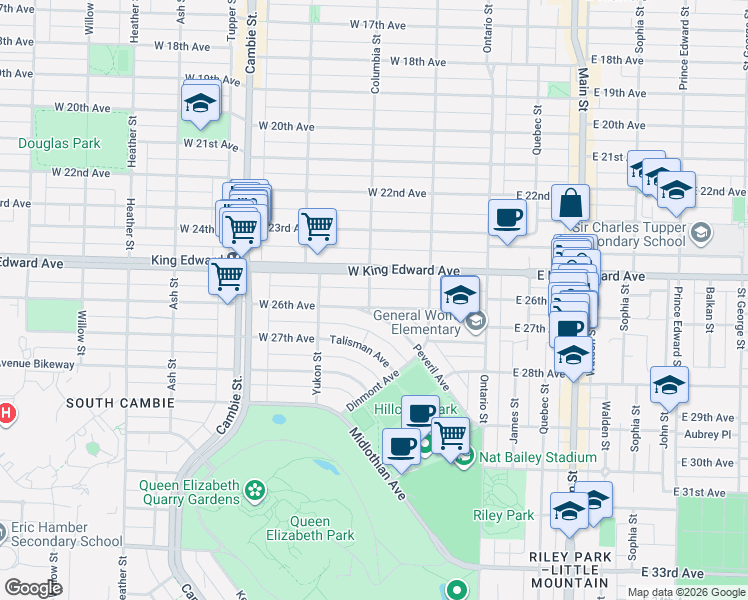 map of restaurants, bars, coffee shops, grocery stores, and more near 4170 Columbia Street in Vancouver