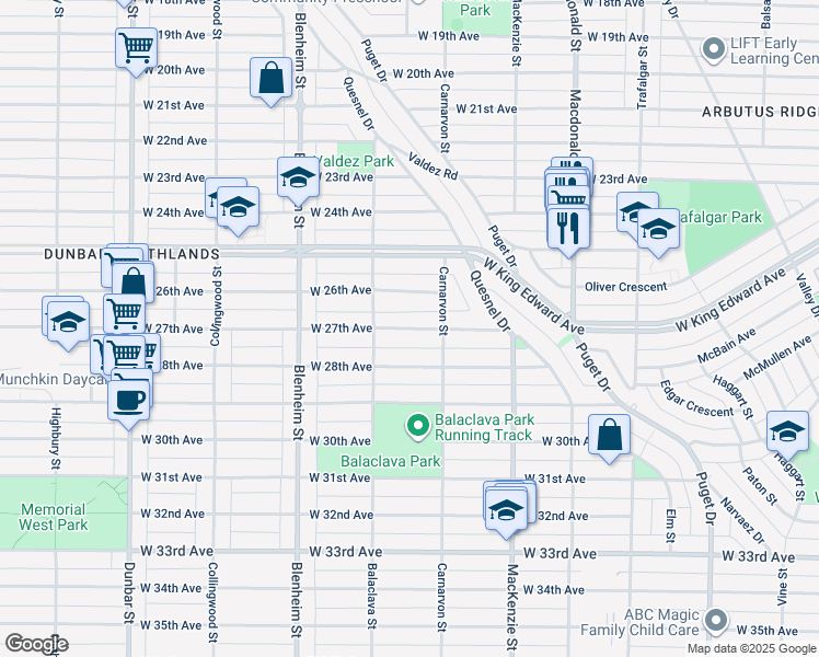 map of restaurants, bars, coffee shops, grocery stores, and more near 3098 West 27th Avenue in Vancouver
