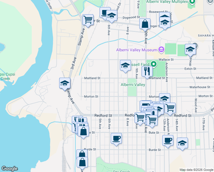 map of restaurants, bars, coffee shops, grocery stores, and more near 3966 6th Avenue North in Port Alberni