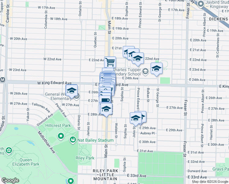 map of restaurants, bars, coffee shops, grocery stores, and more near 4157 Sophia Street in Vancouver