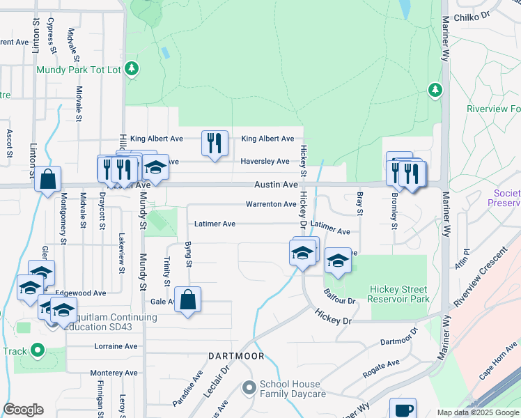 map of restaurants, bars, coffee shops, grocery stores, and more near 2418 Warrenton Avenue in Coquitlam