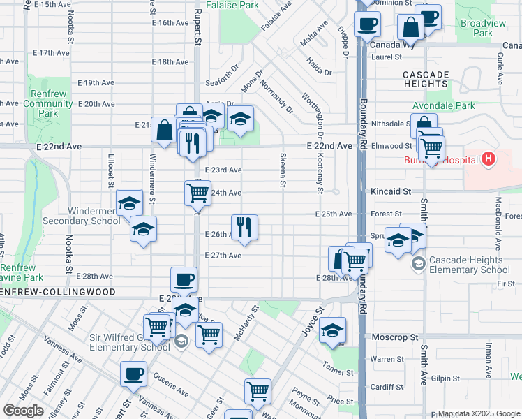 map of restaurants, bars, coffee shops, grocery stores, and more near 3433 East 25th Avenue in Vancouver