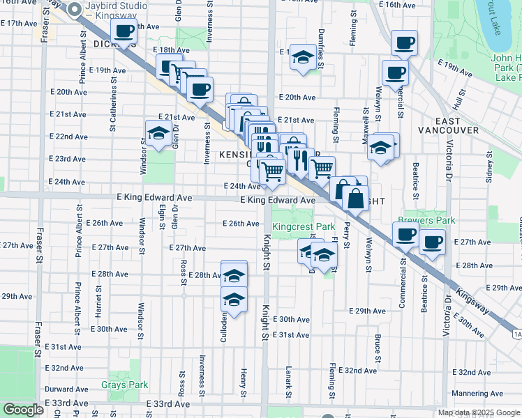 map of restaurants, bars, coffee shops, grocery stores, and more near 4139 Knight Street in Vancouver