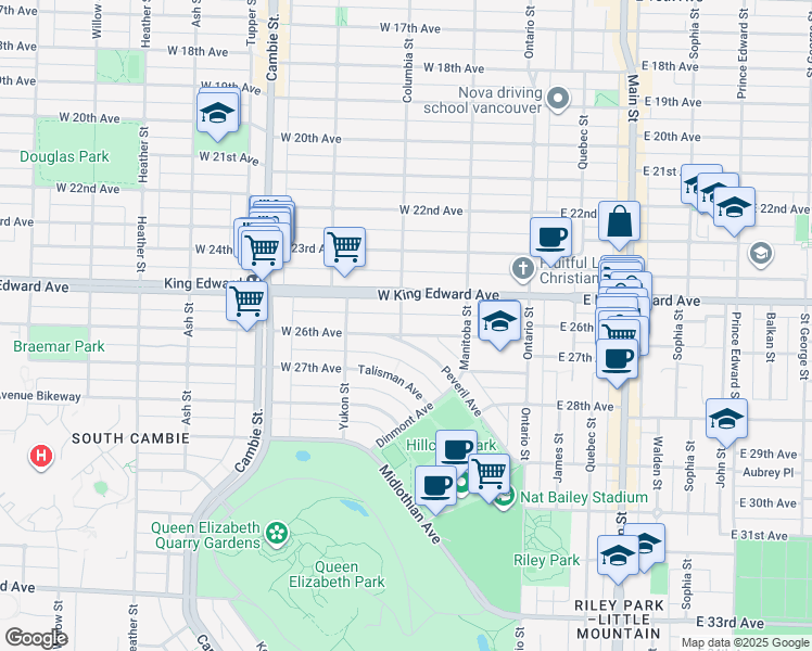 map of restaurants, bars, coffee shops, grocery stores, and more near 197 West 26th Avenue in Vancouver
