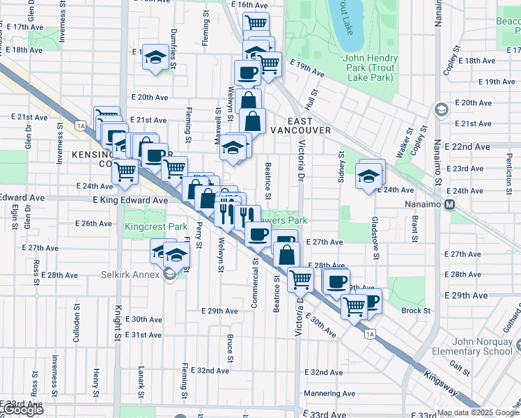 map of restaurants, bars, coffee shops, grocery stores, and more near 4132 Commercial Street in Vancouver