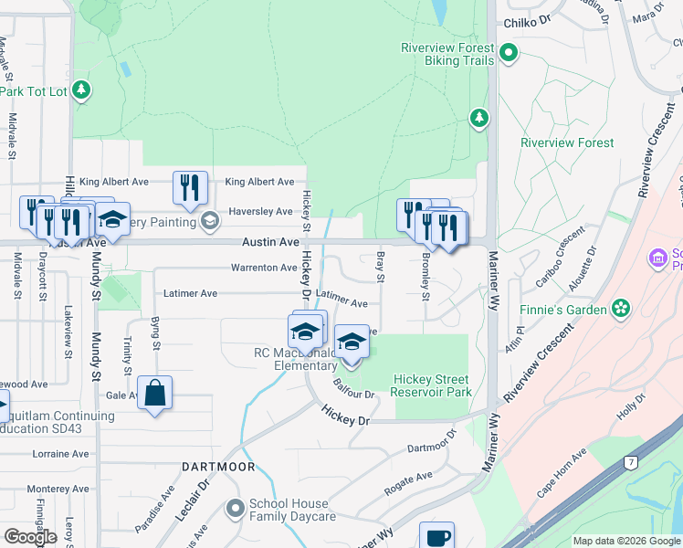 map of restaurants, bars, coffee shops, grocery stores, and more near 2558 Burian Drive in Coquitlam