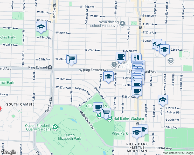 map of restaurants, bars, coffee shops, grocery stores, and more near 117 West 26th Avenue in Vancouver