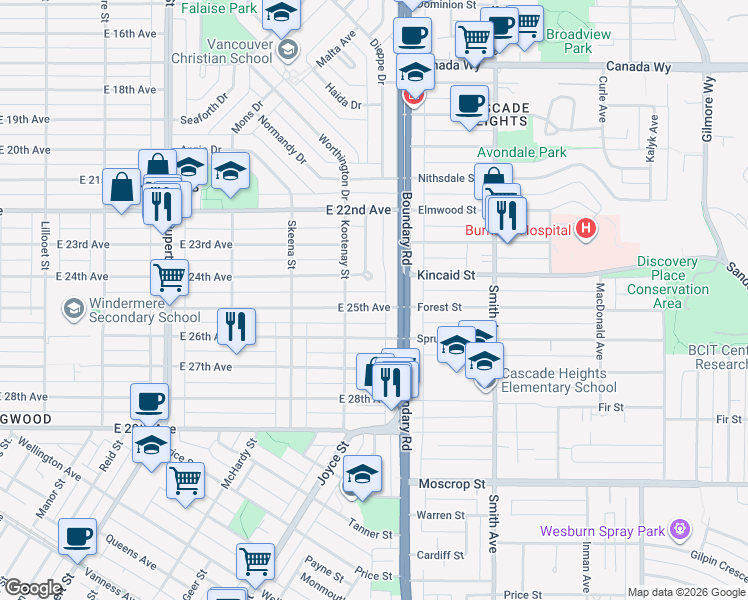 map of restaurants, bars, coffee shops, grocery stores, and more near 3653 East 25th Avenue in Vancouver