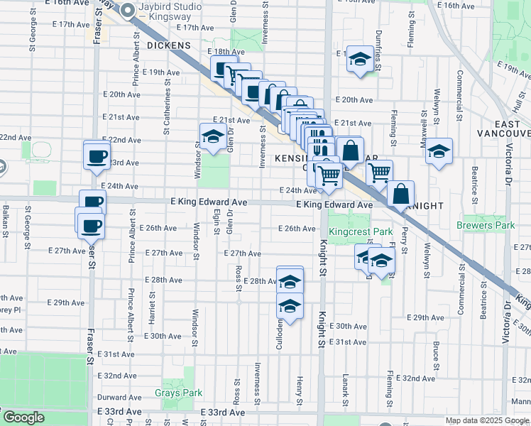 map of restaurants, bars, coffee shops, grocery stores, and more near 4138 Inverness Street in Vancouver