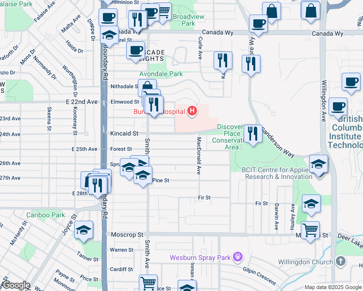 map of restaurants, bars, coffee shops, grocery stores, and more near 3927 Forest Street in Burnaby