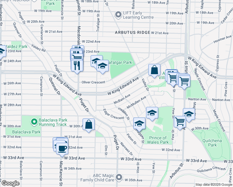 map of restaurants, bars, coffee shops, grocery stores, and more near 2590 West King Edward Avenue in Vancouver