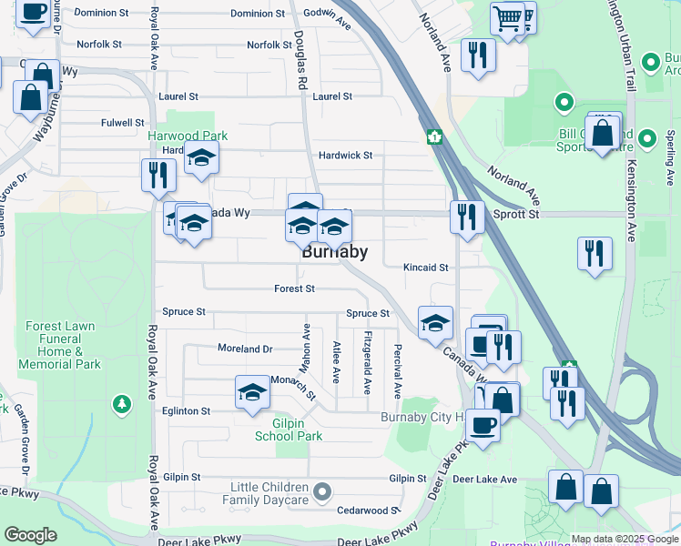 map of restaurants, bars, coffee shops, grocery stores, and more near 5660 Kincaid Street in Burnaby