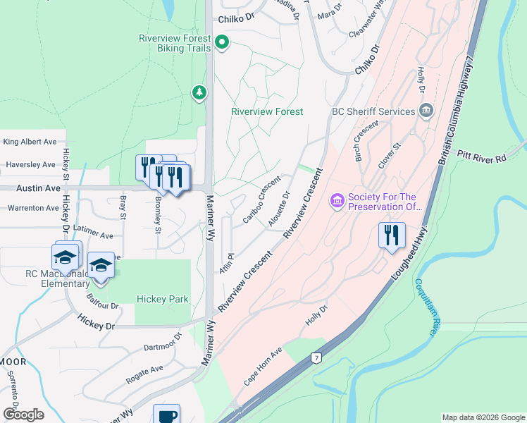 map of restaurants, bars, coffee shops, grocery stores, and more near 469 Cariboo Crescent in Coquitlam