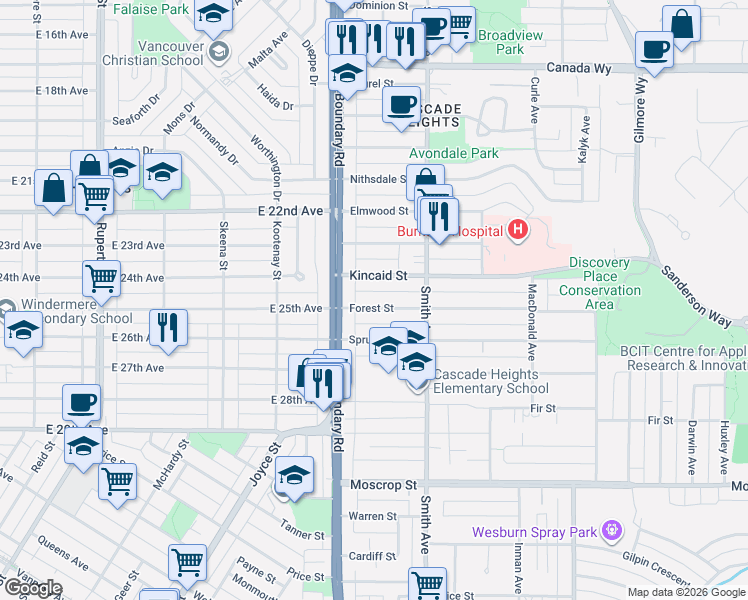 map of restaurants, bars, coffee shops, grocery stores, and more near 3737 Forest Street in Burnaby