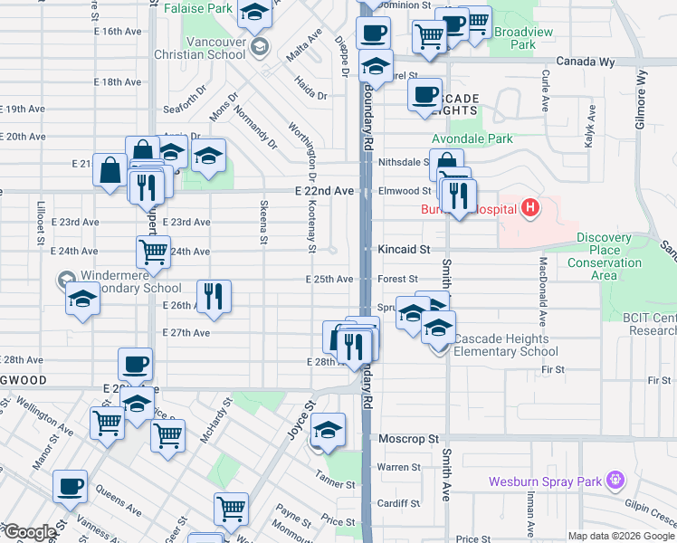 map of restaurants, bars, coffee shops, grocery stores, and more near in Vancouver