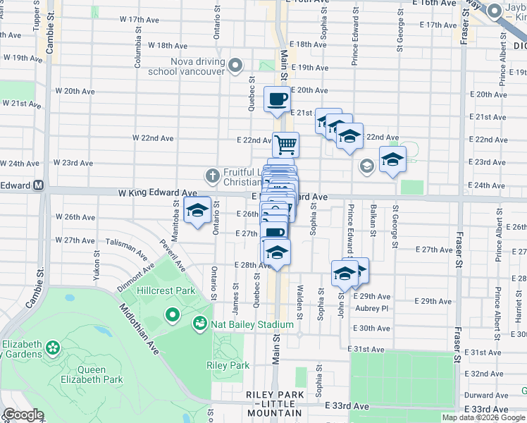 map of restaurants, bars, coffee shops, grocery stores, and more near 161 East 26th Avenue in Vancouver
