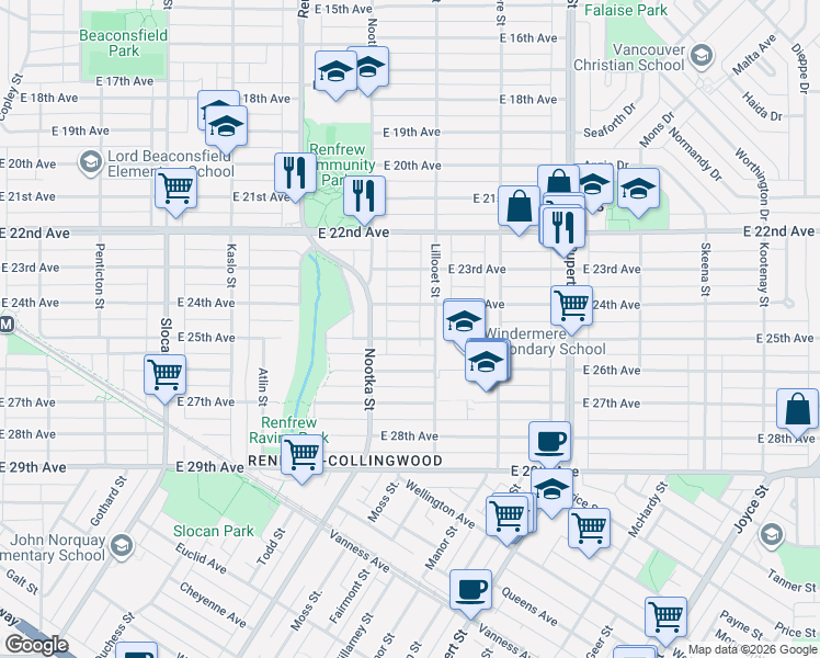 map of restaurants, bars, coffee shops, grocery stores, and more near 3069 East 25th Avenue in Vancouver