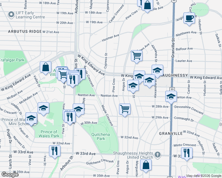 map of restaurants, bars, coffee shops, grocery stores, and more near 4239 Pine Crescent in Vancouver