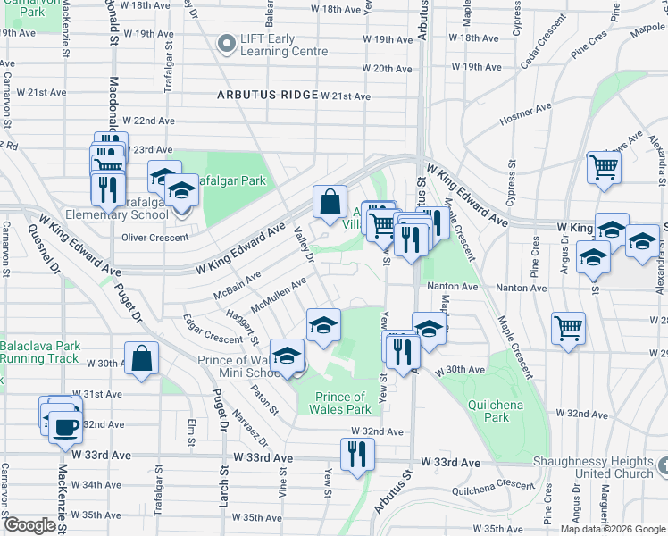 map of restaurants, bars, coffee shops, grocery stores, and more near 2143 McMullen Avenue in Vancouver
