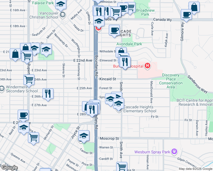 map of restaurants, bars, coffee shops, grocery stores, and more near 3737 Forest Street in Burnaby
