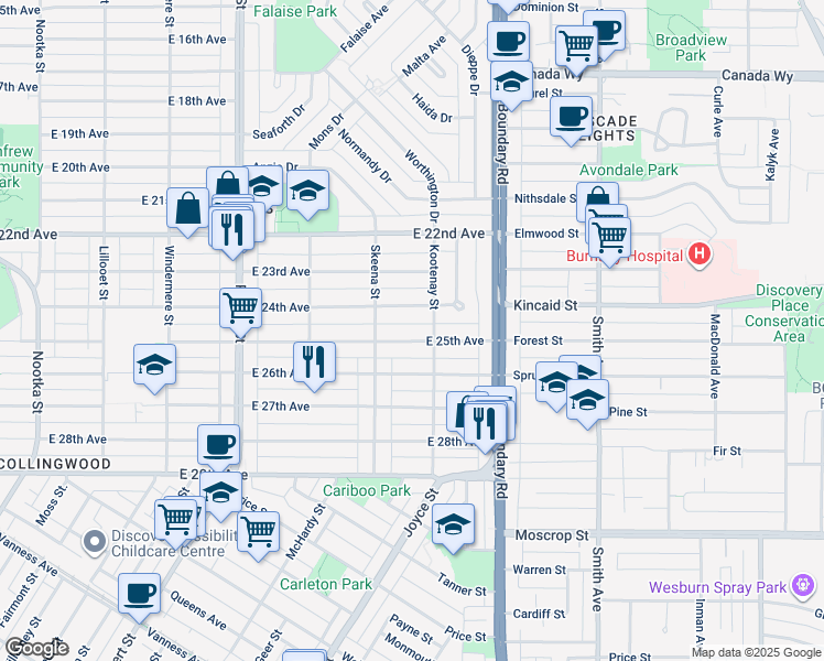 map of restaurants, bars, coffee shops, grocery stores, and more near 3563 East 25th Avenue in Vancouver