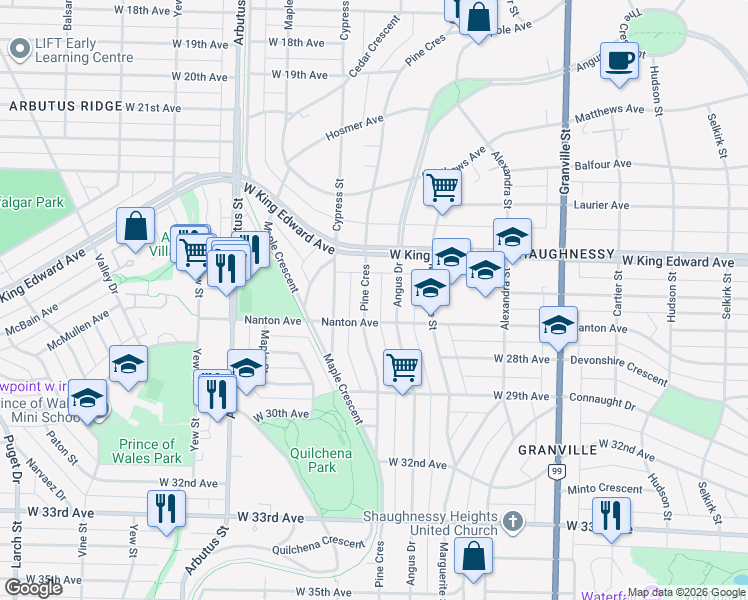 map of restaurants, bars, coffee shops, grocery stores, and more near 4238 Pine Crescent in Vancouver