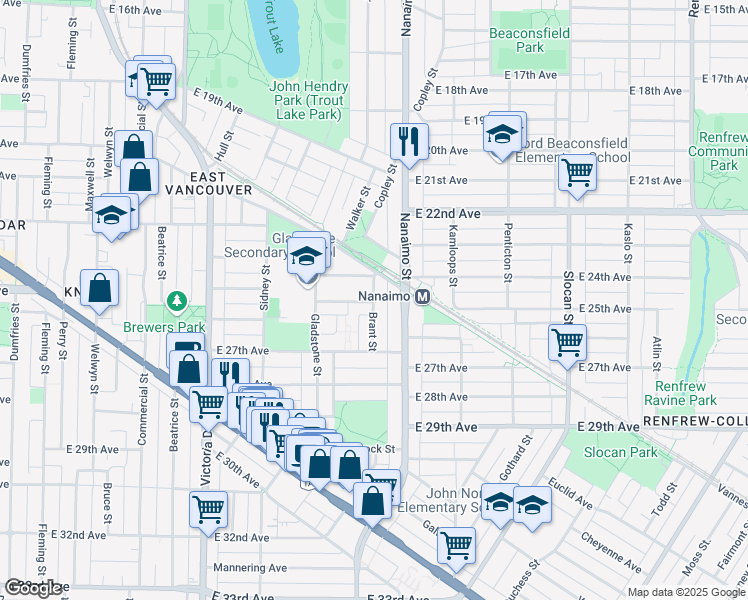 map of restaurants, bars, coffee shops, grocery stores, and more near 4150 Brant Street in Vancouver