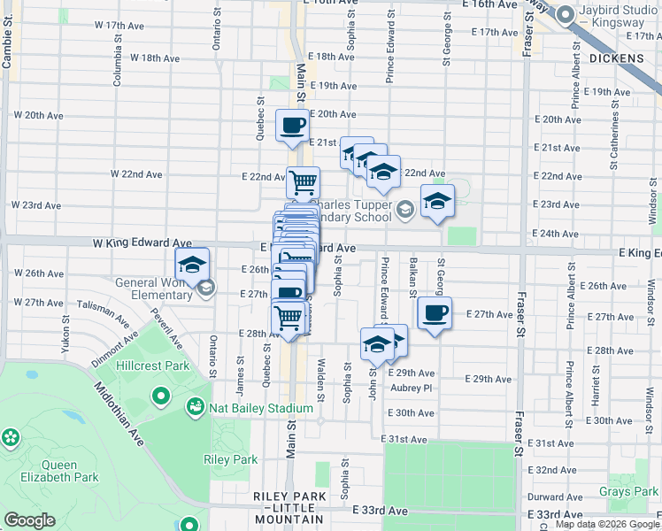 map of restaurants, bars, coffee shops, grocery stores, and more near 4149 Sophia Street in Vancouver