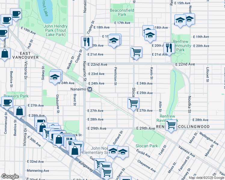 map of restaurants, bars, coffee shops, grocery stores, and more near 2593 East 25th Avenue in Vancouver