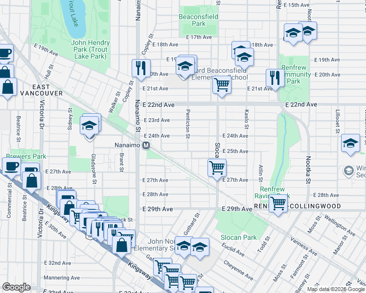 map of restaurants, bars, coffee shops, grocery stores, and more near 2593 East 25th Avenue in Vancouver