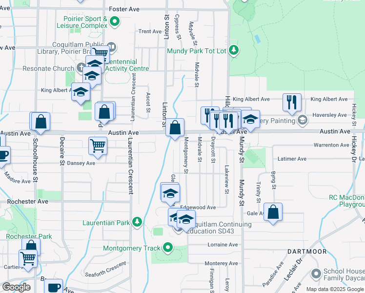 map of restaurants, bars, coffee shops, grocery stores, and more near 484 Montgomery Street in Coquitlam