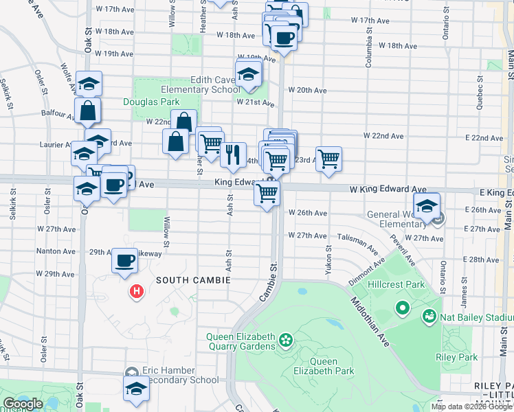 map of restaurants, bars, coffee shops, grocery stores, and more near 489 West 26th Avenue in Vancouver