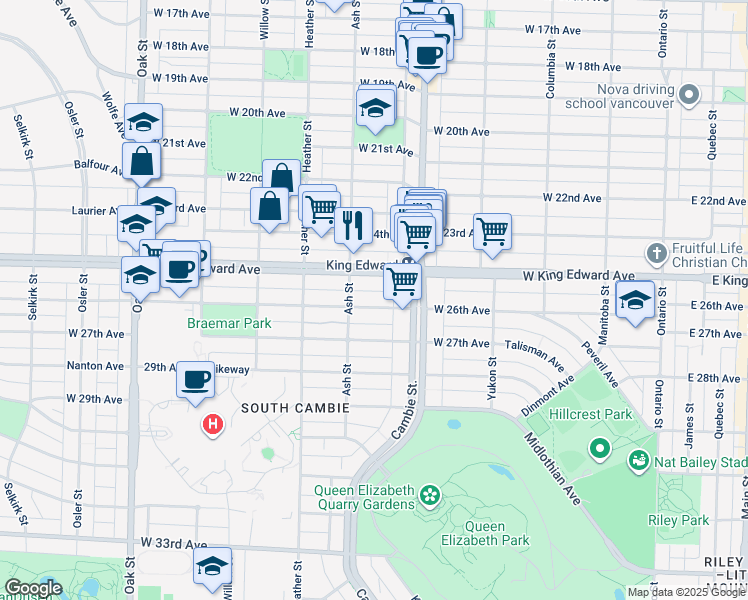 map of restaurants, bars, coffee shops, grocery stores, and more near 555 West 26th Avenue in Vancouver