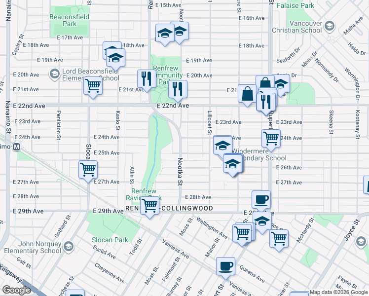 map of restaurants, bars, coffee shops, grocery stores, and more near 4042 Nootka Street in Vancouver