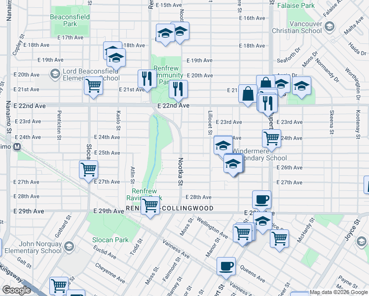 map of restaurants, bars, coffee shops, grocery stores, and more near 4042 Nootka Street in Vancouver