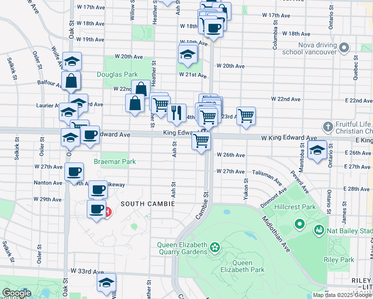 map of restaurants, bars, coffee shops, grocery stores, and more near 557 West 26th Avenue in Vancouver